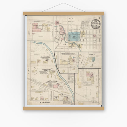 Old map wall art mockup — magnetic wood frame on white wall — Sanborn Fire Insurance Map from Van Wert, Van Wert County, Ohio (1884) - Complete Map Set