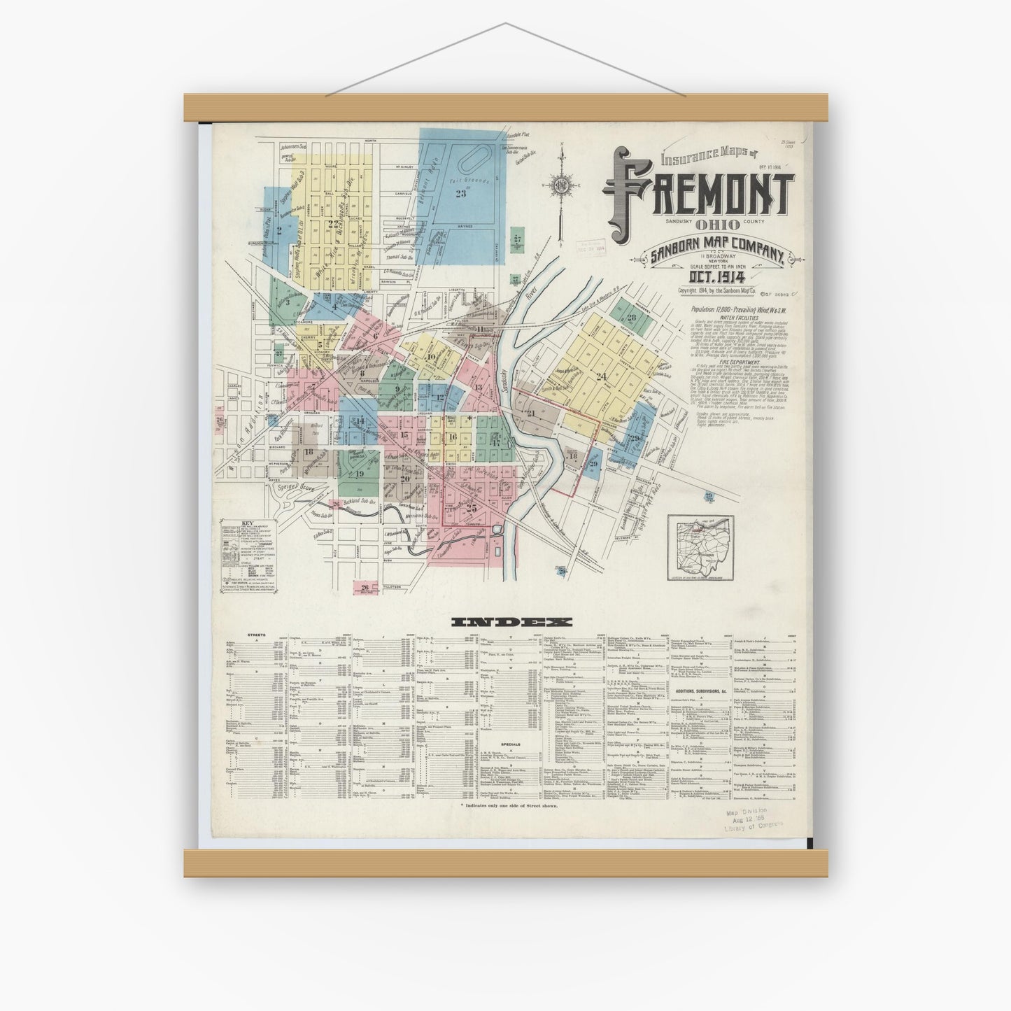 Old map wall art mockup — magnetic wood frame on white wall — Sanborn Fire Insurance Map from Fremont, Sandusky County, Ohio (1914) - Complete Map Set