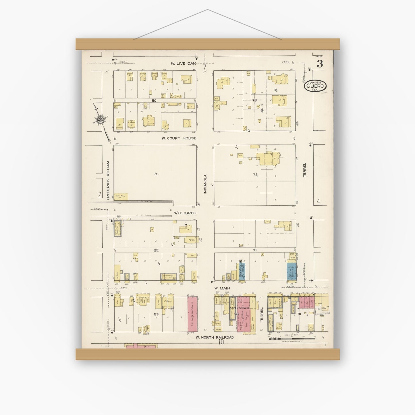 Old map wall art mockup — magnetic wood frame on white wall — Sanborn Fire Insurance Map from Cuero, De Witt County, Texas (1922), Sheet #0003
