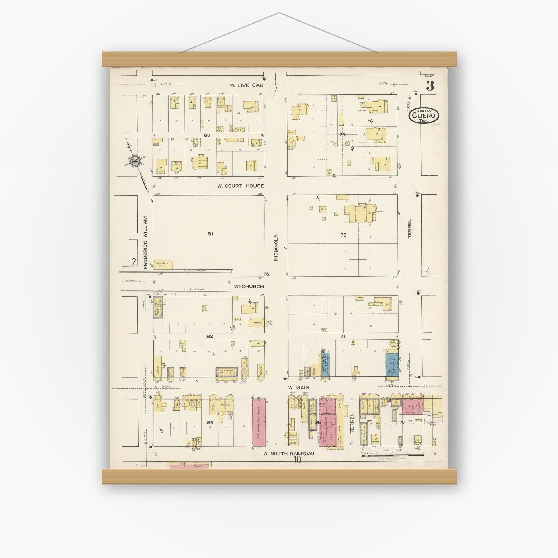 Old map wall art mockup — magnetic wood frame on white wall — Sanborn Fire Insurance Map from Cuero, De Witt County, Texas (1922), Sheet #0003
