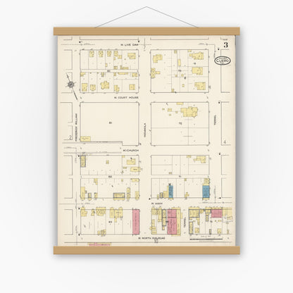 Old map wall art mockup — magnetic wood frame on white wall — Sanborn Fire Insurance Map from Cuero, De Witt County, Texas (1922), Sheet #0003