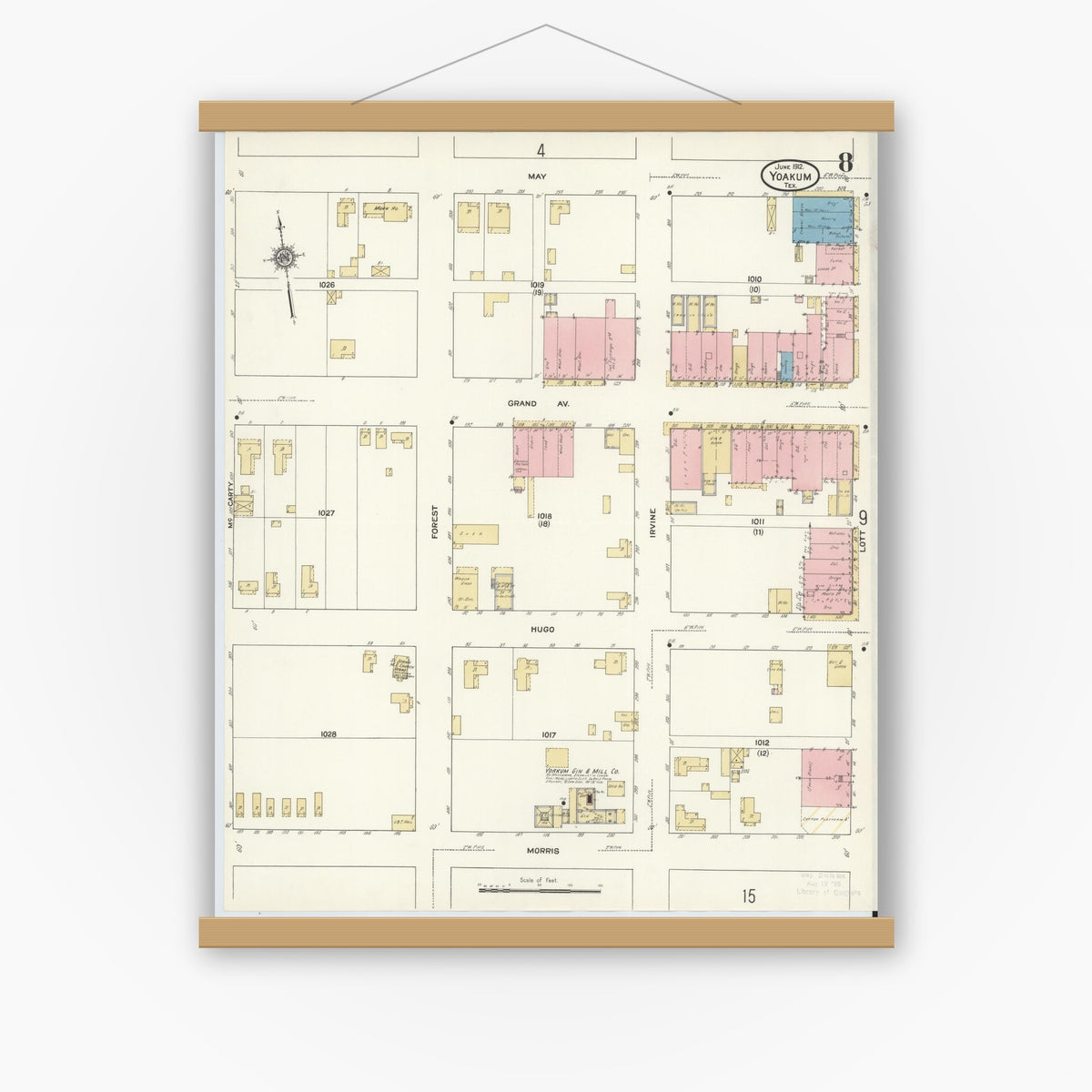 Old map wall art mockup — magnetic wood frame on white wall — Sanborn Fire Insurance Map from Yoakum, De Witt And Lavaca Counties, Texas (1912), Sheet #0008