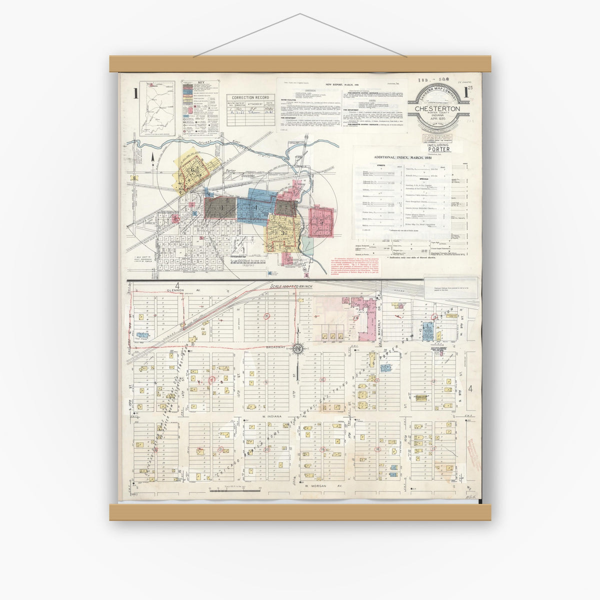 Old map wall art mockup — magnetic wood frame on white wall — Sanborn Fire Insurance Map from Chesterton, Porter County, Indiana (1951) - Complete Map Set