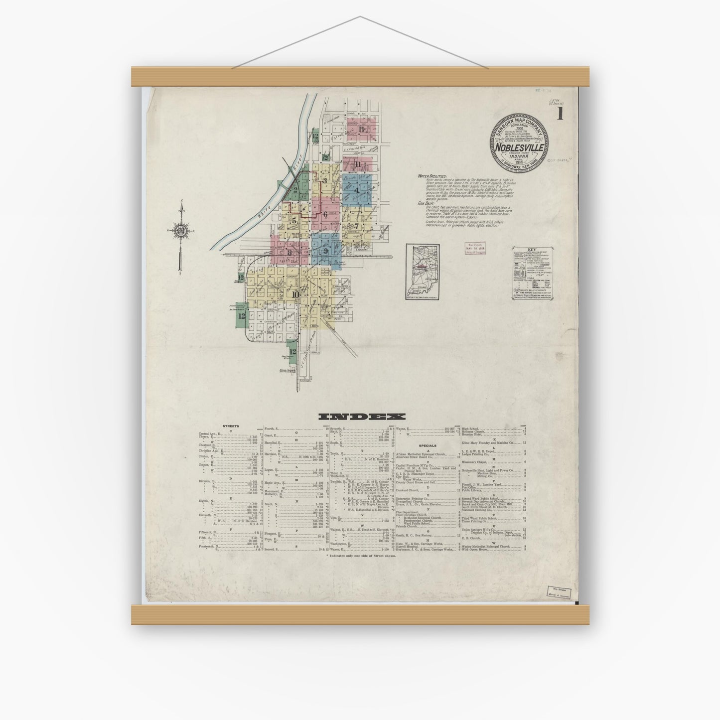 Old map wall art mockup — magnetic wood frame on white wall — Sanborn Fire Insurance Map from Noblesville, Hamilton County, Indiana (1914) - Complete Map Set
