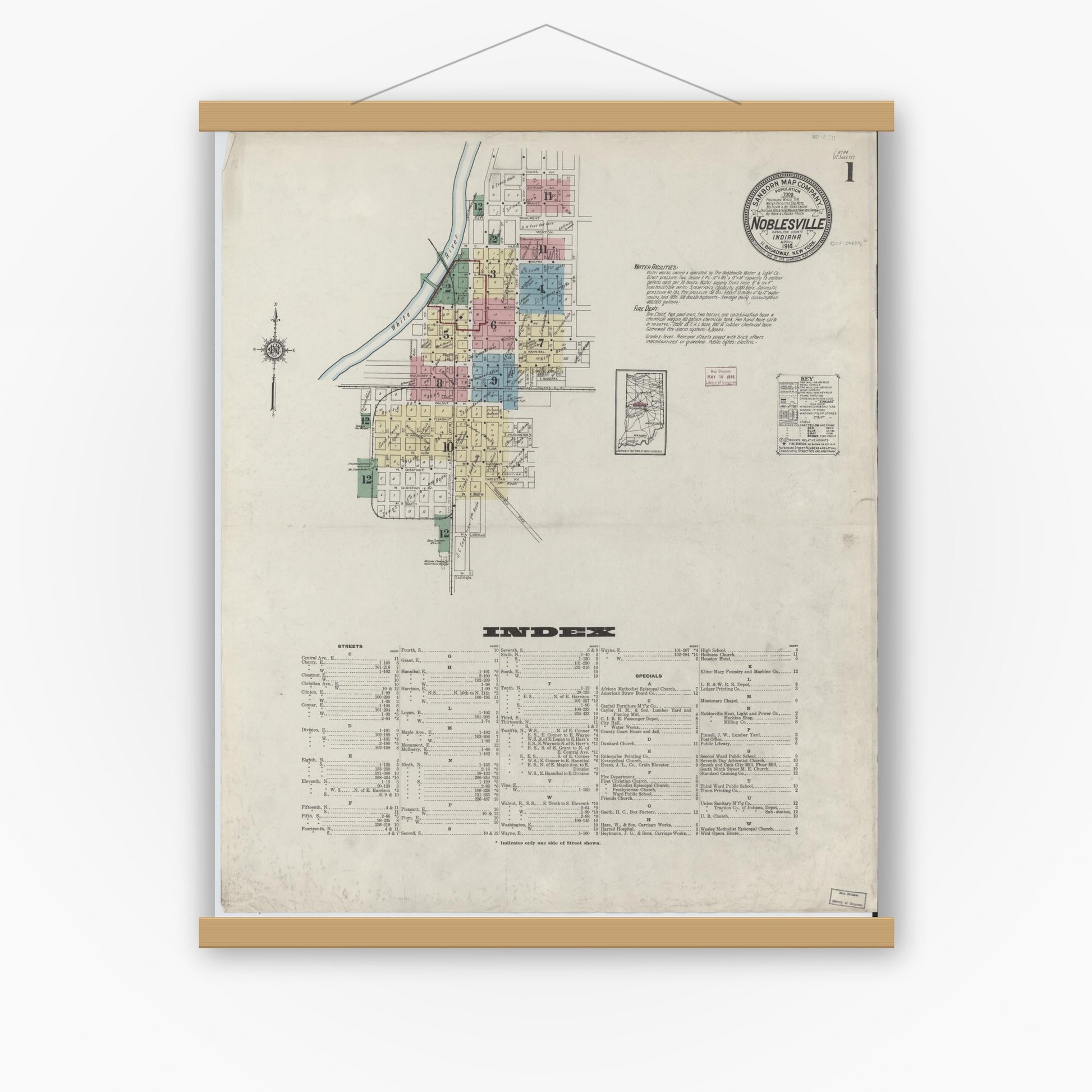 Old map wall art mockup — magnetic wood frame on white wall — Sanborn Fire Insurance Map from Noblesville, Hamilton County, Indiana (1914) - Complete Map Set