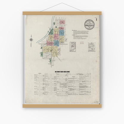 Old map wall art mockup — magnetic wood frame on white wall — Sanborn Fire Insurance Map from Noblesville, Hamilton County, Indiana (1914) - Complete Map Set