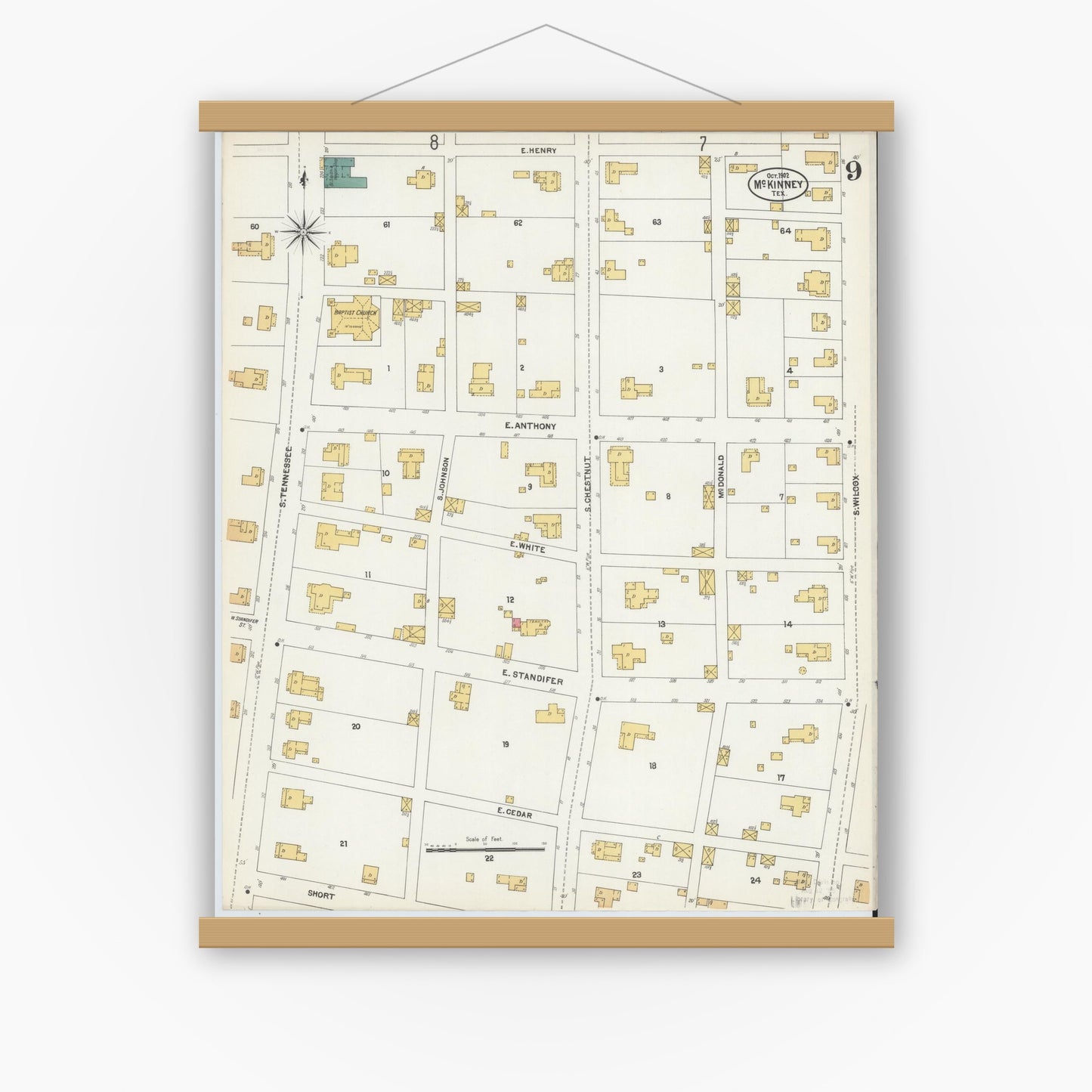 Old map wall art mockup — magnetic wood frame on white wall — Sanborn Fire Insurance Map from McKinney, Collin County, Texas (1902), Sheet #0009