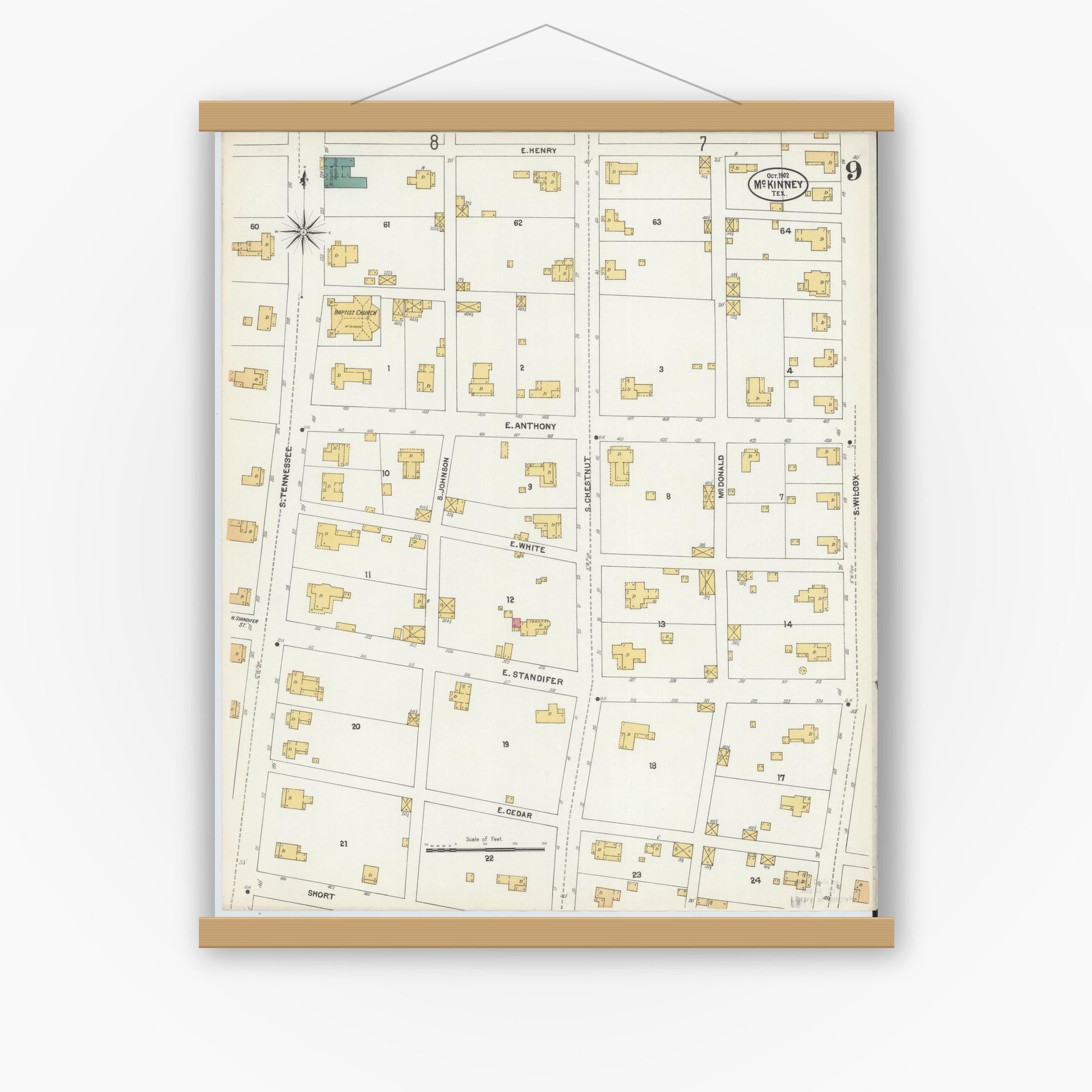 Old map wall art mockup — magnetic wood frame on white wall — Sanborn Fire Insurance Map from McKinney, Collin County, Texas (1902), Sheet #0009