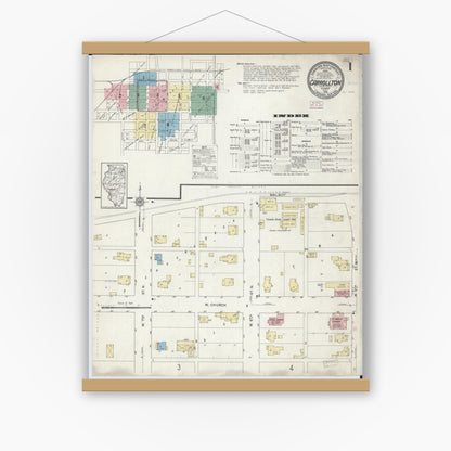 Old map wall art mockup — magnetic wood frame on white wall — Sanborn Fire Insurance Map from Carrollton, Greene County, Illinois (1914), Sheet #0001