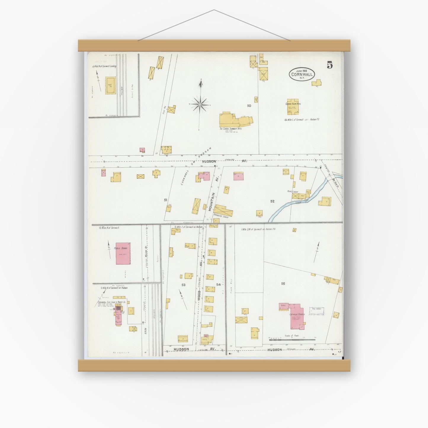 Old map wall art mockup — magnetic wood frame on white wall — Sanborn Fire Insurance Map from Cornwall, Orange County, New York (1905), Sheet #0005