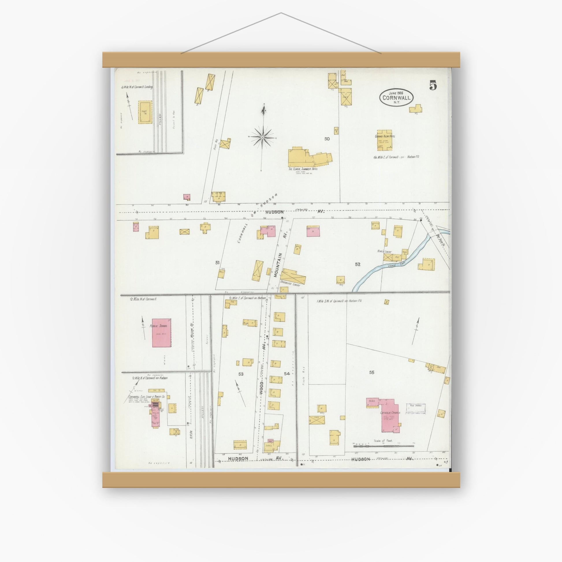 Old map wall art mockup — magnetic wood frame on white wall — Sanborn Fire Insurance Map from Cornwall, Orange County, New York (1905), Sheet #0005