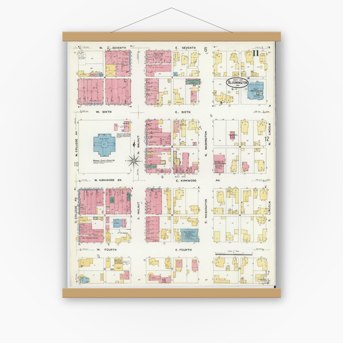 Old map wall art mockup — magnetic wood frame on white wall — Sanborn Fire Insurance Map from Bloomington, Monroe County, Indiana (1907), Sheet #0011