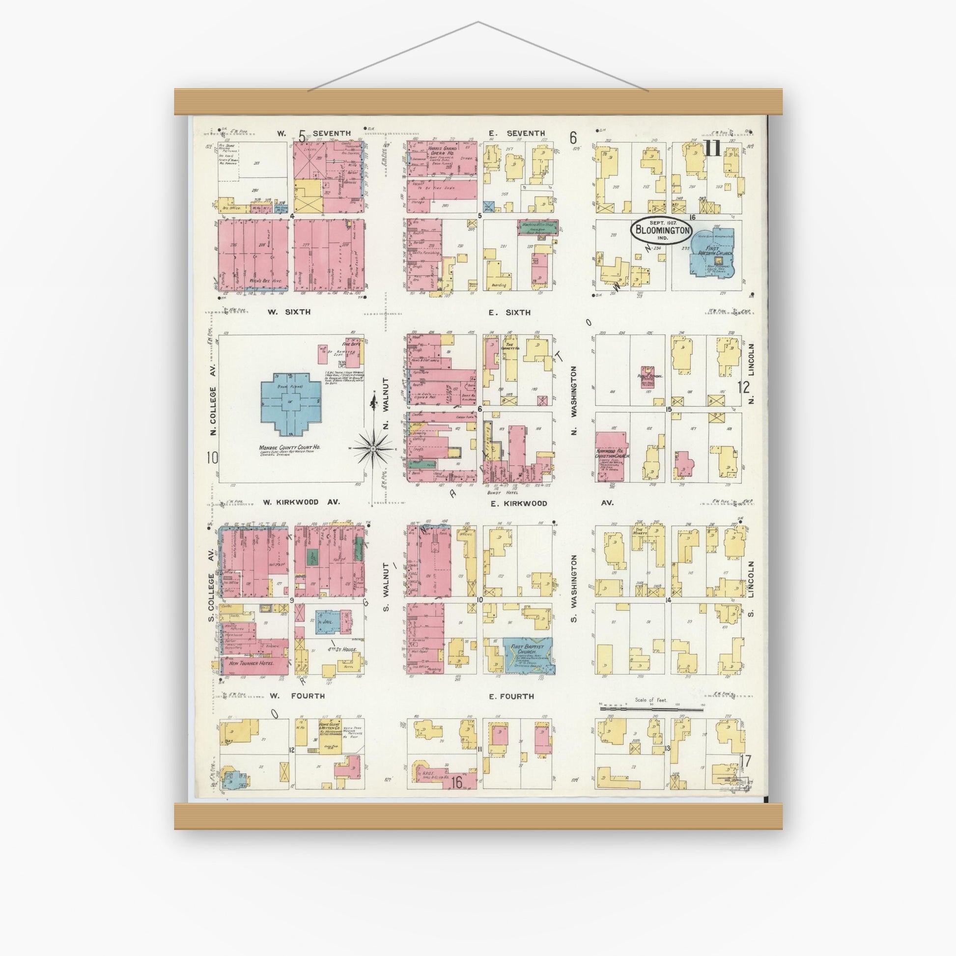 Old map wall art mockup — magnetic wood frame on white wall — Sanborn Fire Insurance Map from Bloomington, Monroe County, Indiana (1907), Sheet #0011