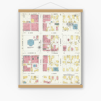 Old map wall art mockup — magnetic wood frame on white wall — Sanborn Fire Insurance Map from Bloomington, Monroe County, Indiana (1907), Sheet #0011