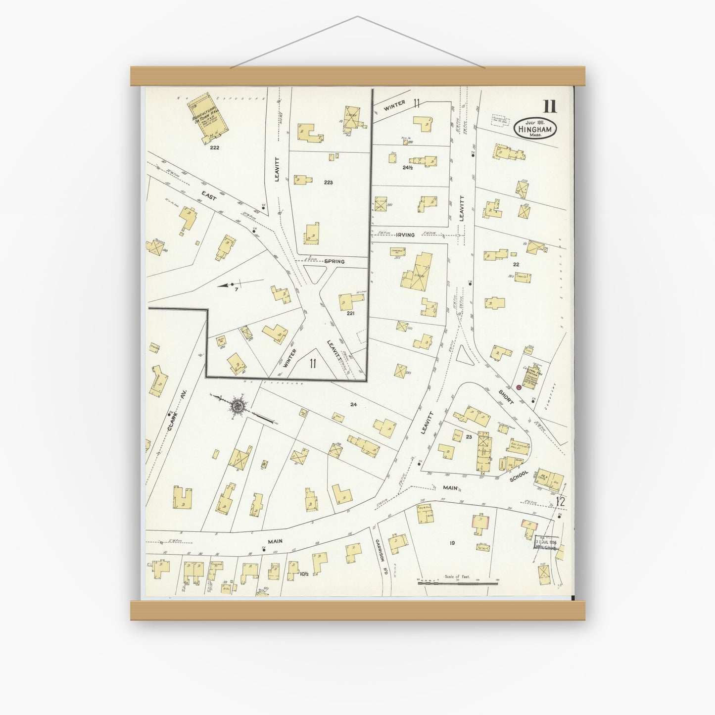 Old map wall art mockup — magnetic wood frame on white wall — Sanborn Fire Insurance Map from Hingham, Plymouth County, Massachusetts (1911), Sheet #0011