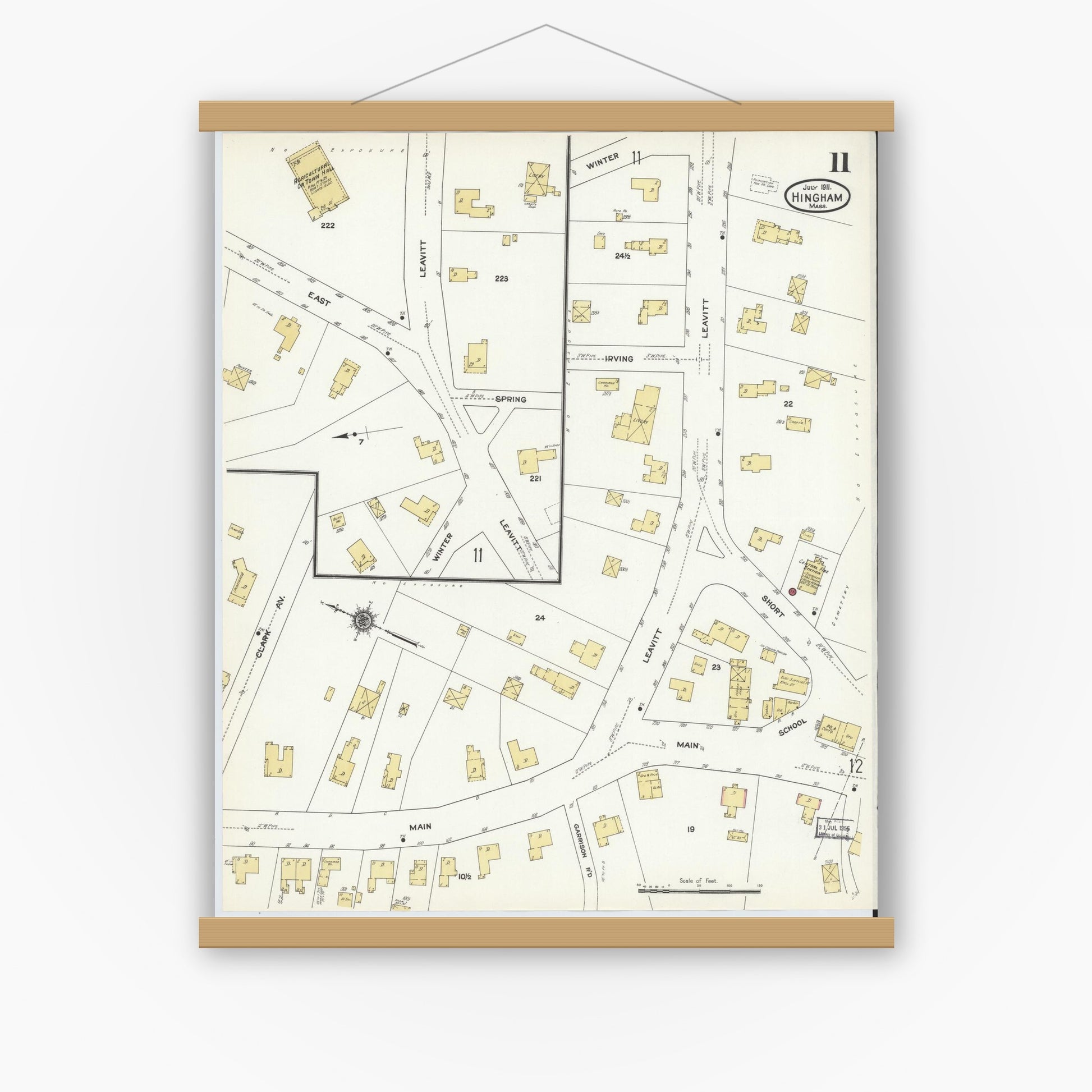 Old map wall art mockup — magnetic wood frame on white wall — Sanborn Fire Insurance Map from Hingham, Plymouth County, Massachusetts (1911), Sheet #0011