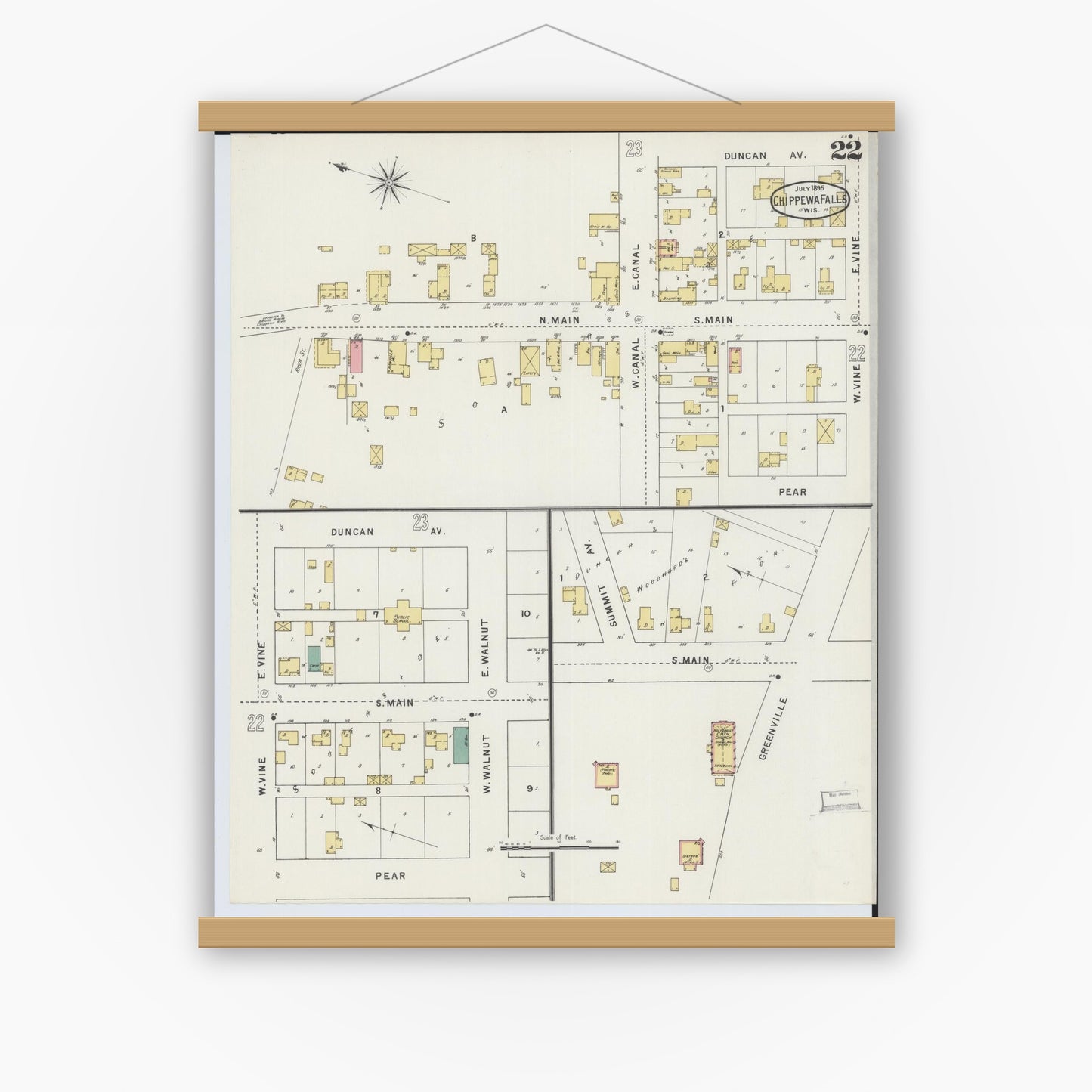 Old map wall art mockup — magnetic wood frame on white wall — Sanborn Fire Insurance Map from Chippewa Falls, Chippewa County, Wisconsin (1895), Sheet #0022