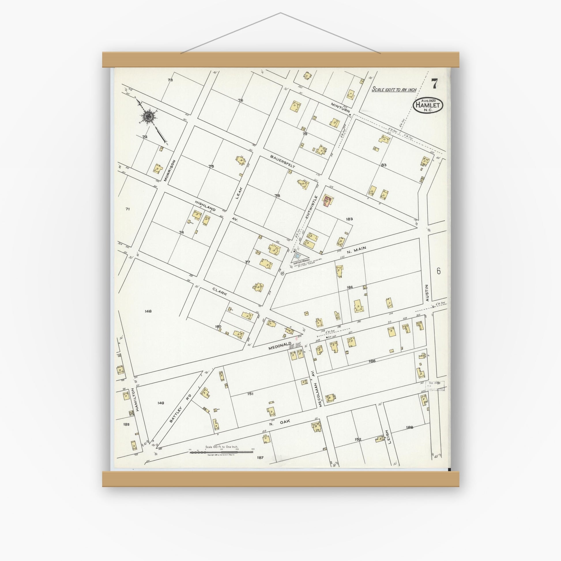 Old map wall art mockup — magnetic wood frame on white wall — Sanborn Fire Insurance Map from Hamlet, Richmond County, North Carolina (1920), Sheet #0007