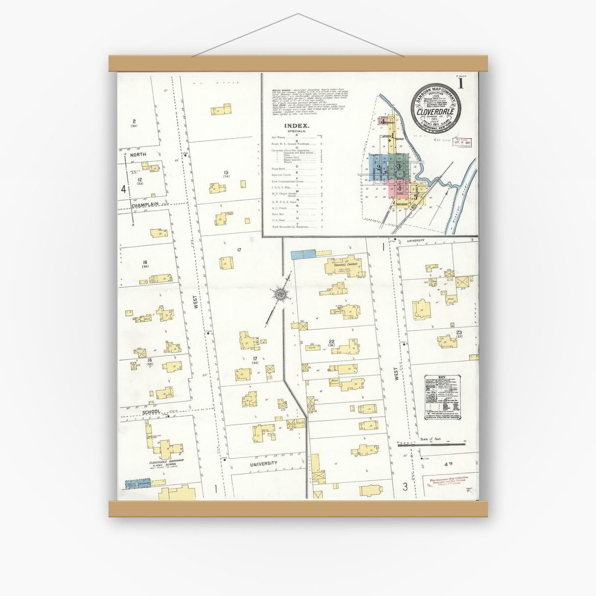 Old map wall art mockup — magnetic wood frame on white wall — Sanborn Fire Insurance Map from Cloverdale, Sonoma County, California (1911), Sheet #0001