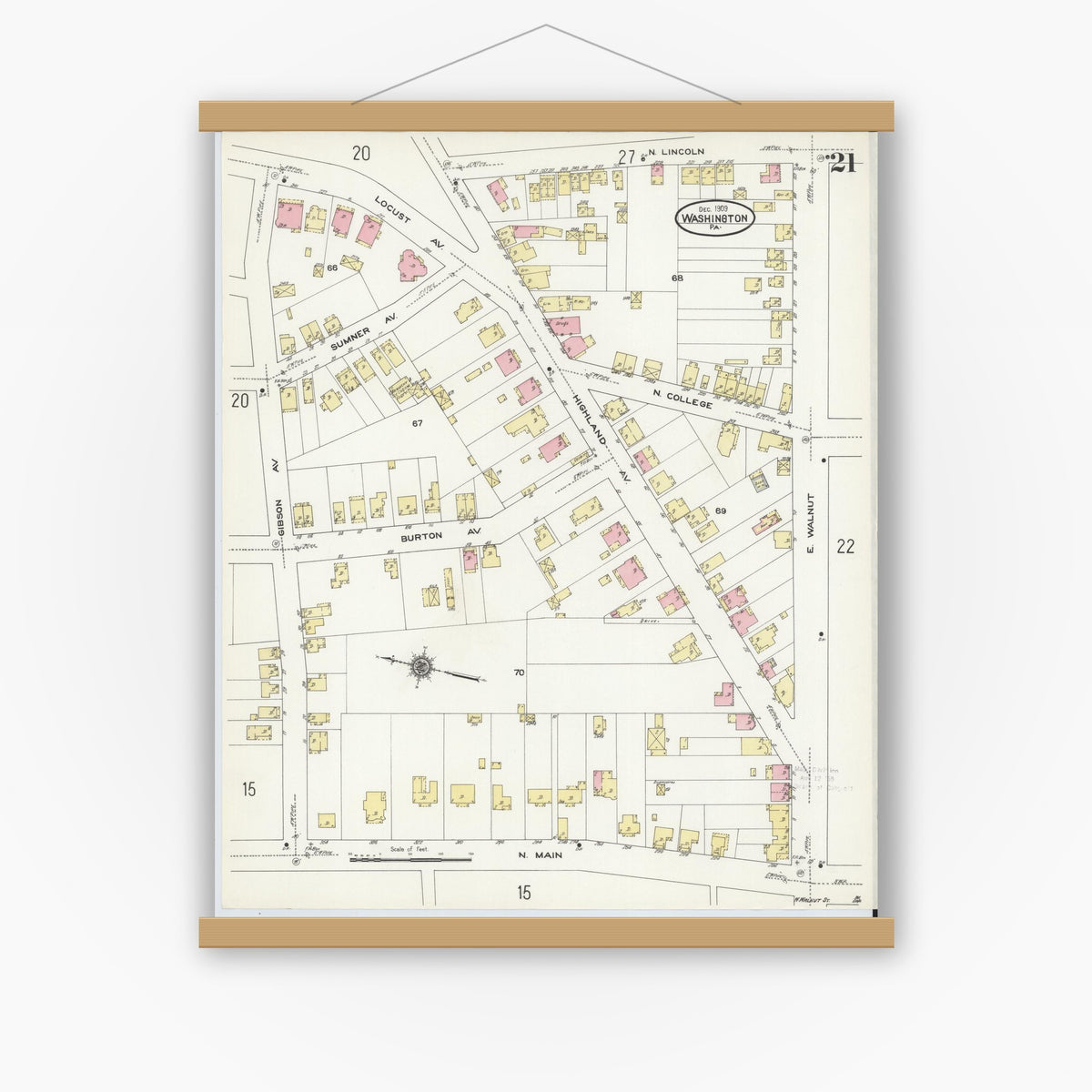 Old map wall art mockup — magnetic wood frame on white wall — Sanborn Fire Insurance Map from Washington, Washington County, Pennsylvania (1909), Sheet #0021