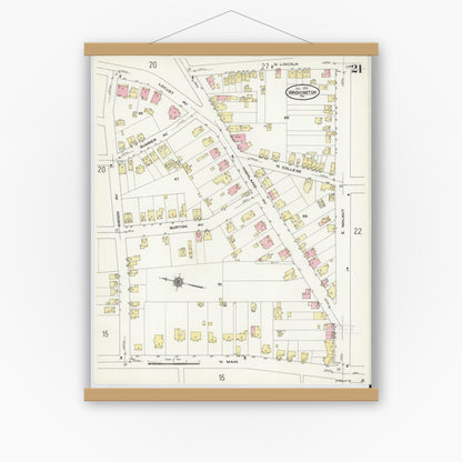 Old map wall art mockup — magnetic wood frame on white wall — Sanborn Fire Insurance Map from Washington, Washington County, Pennsylvania (1909), Sheet #0021