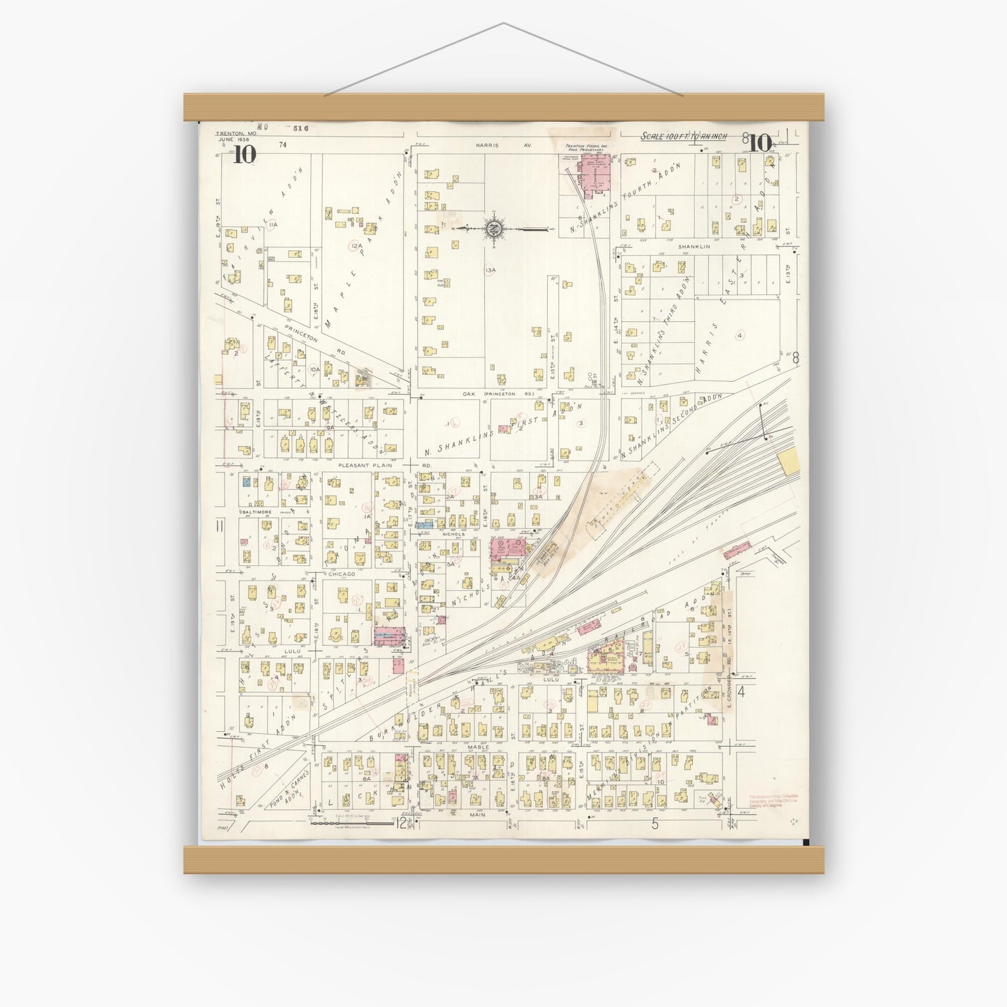 Old map wall art mockup — magnetic wood frame on white wall — Sanborn Fire Insurance Map from Trenton, Grundy County, Missouri (1948), Sheet #0010