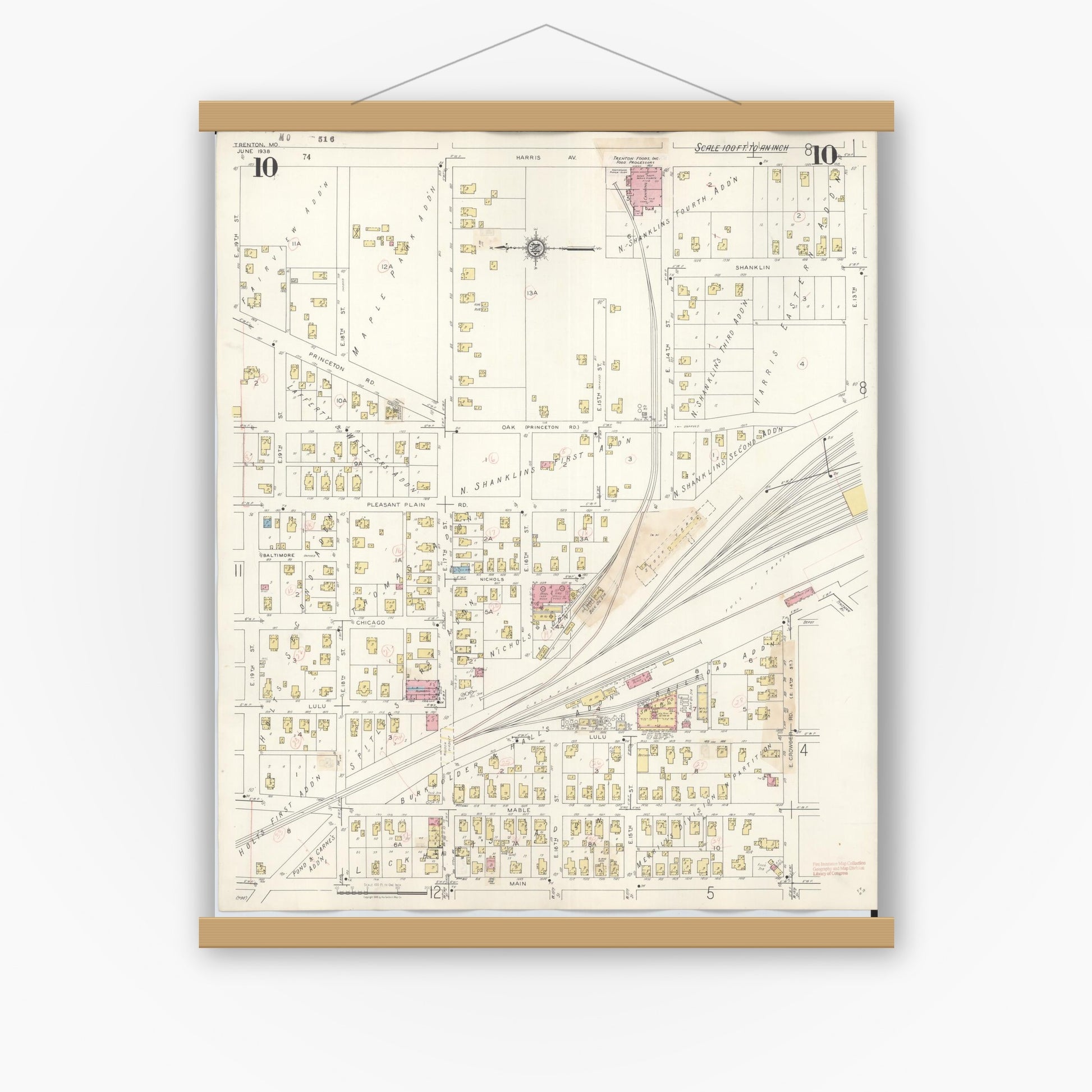 Old map wall art mockup — magnetic wood frame on white wall — Sanborn Fire Insurance Map from Trenton, Grundy County, Missouri (1948), Sheet #0010