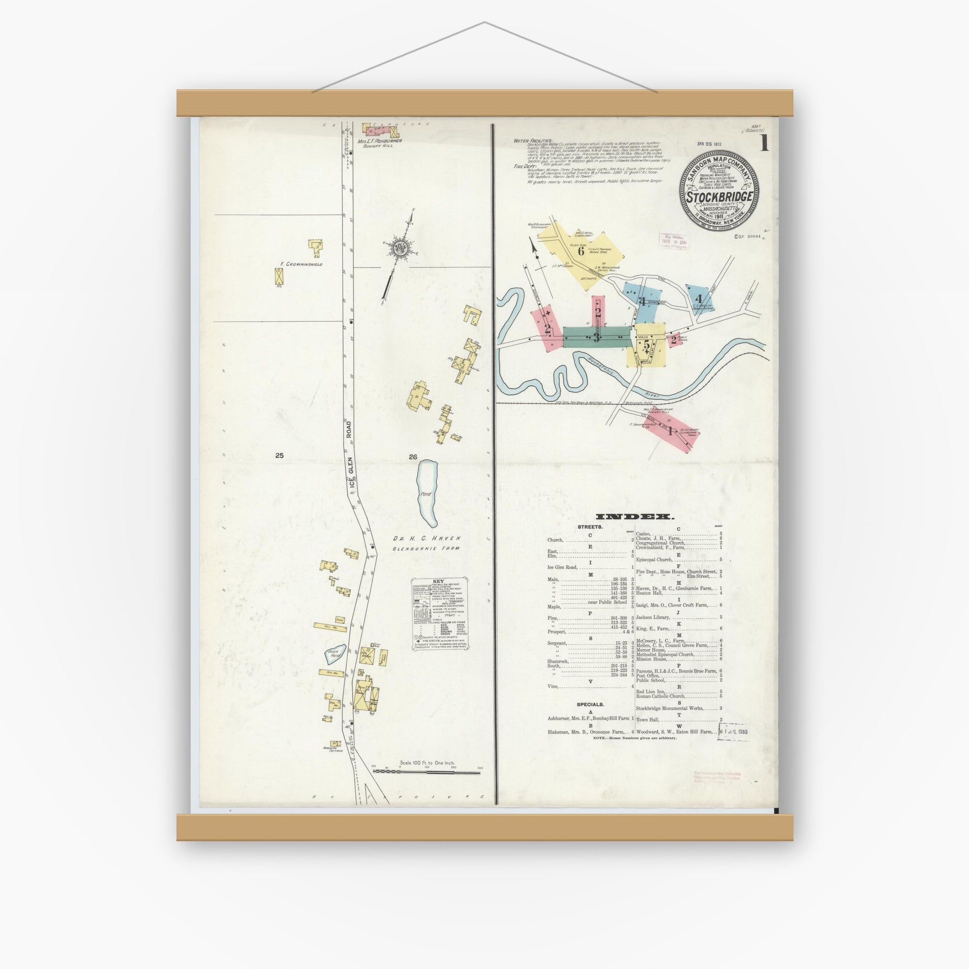 Old map wall art mockup — magnetic wood frame on white wall — Sanborn Fire Insurance Map from Stockbridge, Berkshire County, Massachusetts (1911) - Complete Map Set
