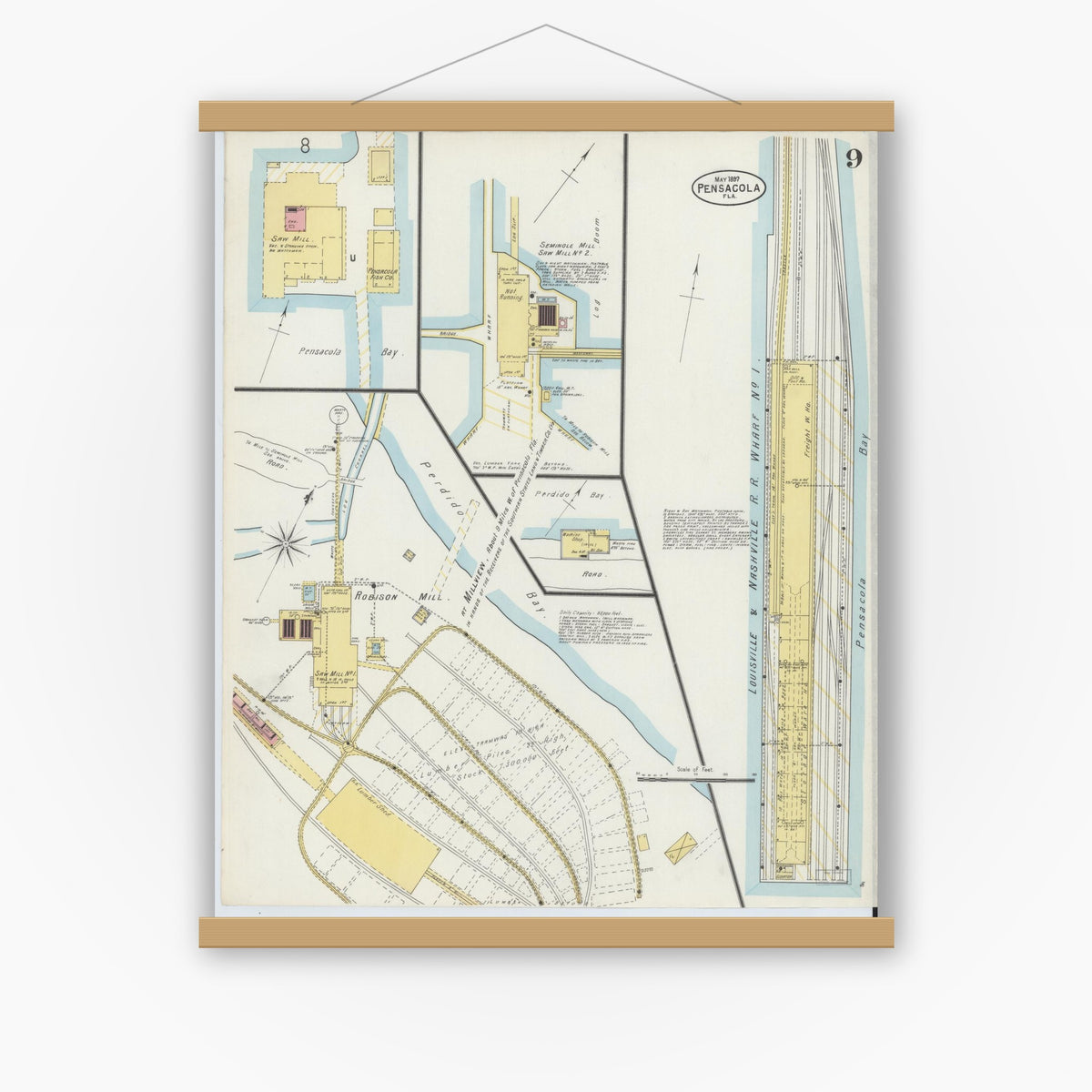 Old map wall art mockup — magnetic wood frame on white wall — Sanborn Fire Insurance Map from Pensacola, Escambia County, Florida (1897), Sheet #0009