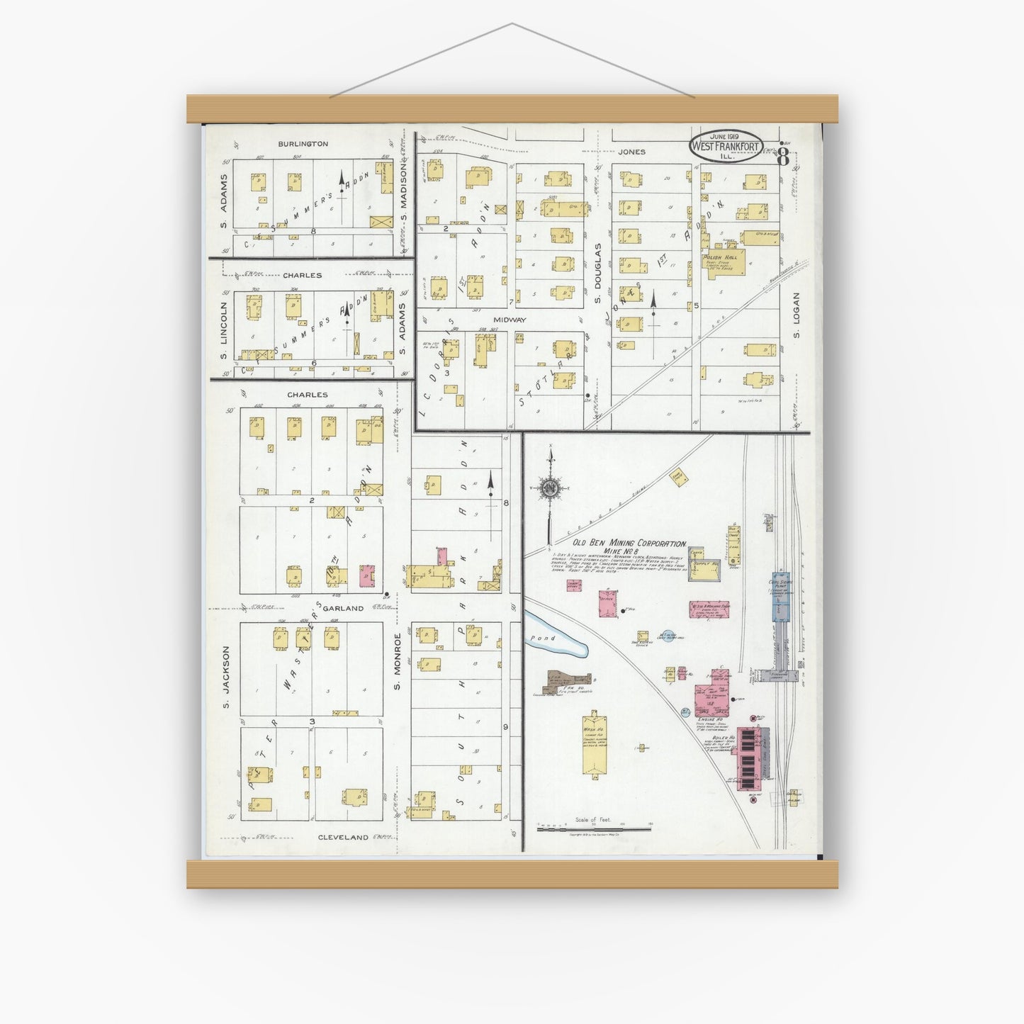 Old map wall art mockup — magnetic wood frame on white wall — Sanborn Fire Insurance Map from West Frankfort, Franklin County, Illinois (1919), Sheet #0008