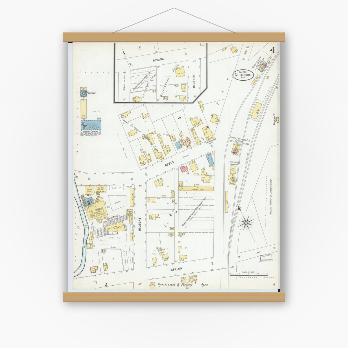 Old map wall art mockup — magnetic wood frame on white wall — Sanborn Fire Insurance Map from Cedarburg, Ozaukee County, Wisconsin (1900), Sheet #0004