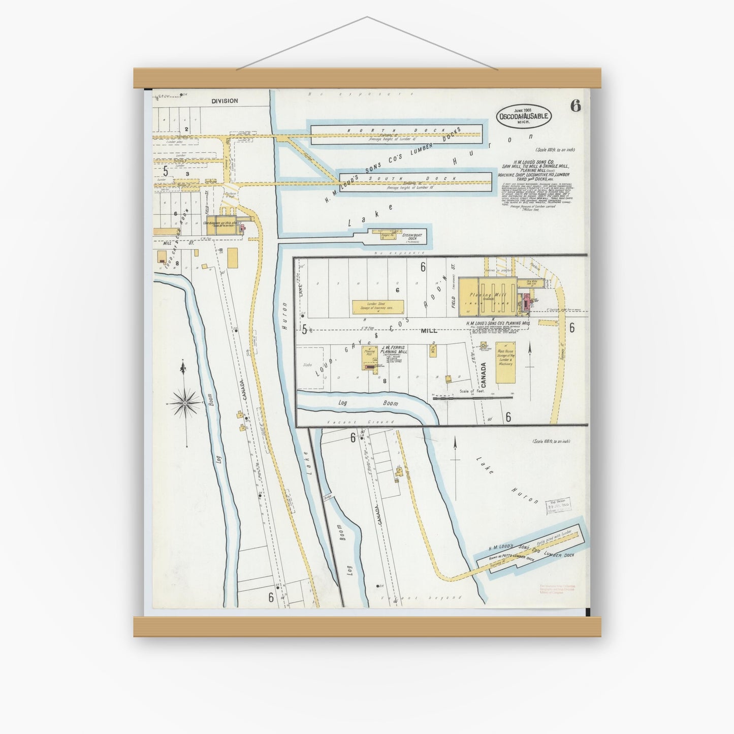 Old map wall art mockup — magnetic wood frame on white wall — Sanborn Fire Insurance Map from Oscoda, Iosco County, Michigan (1901), Sheet #0006