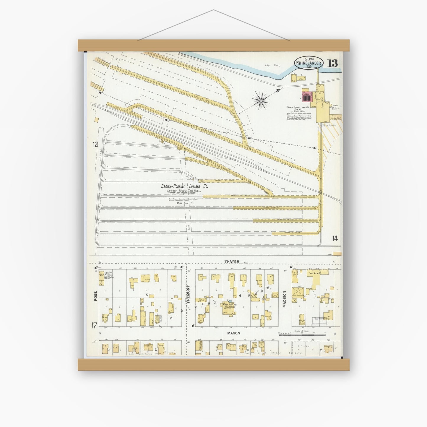Old map wall art mockup — magnetic wood frame on white wall — Sanborn Fire Insurance Map from Rhinelander, Oneida County, Wisconsin (1900), Sheet #0013