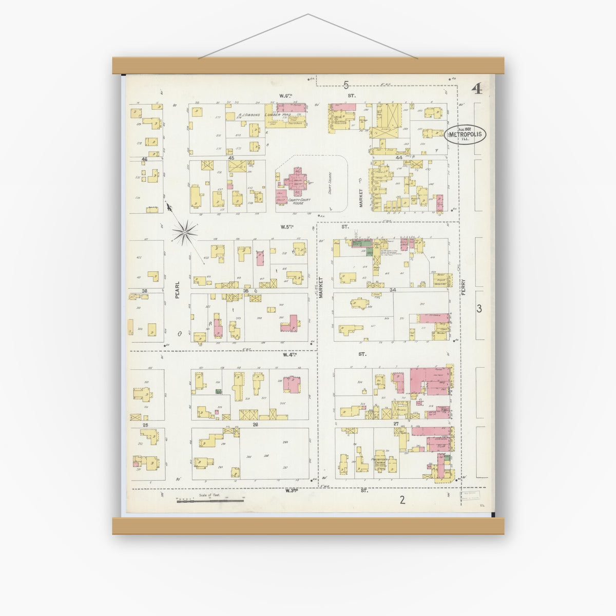 Old map wall art mockup — magnetic wood frame on white wall — Sanborn Fire Insurance Map from Metropolis, Massac County, Illinois (1902), Sheet #0004