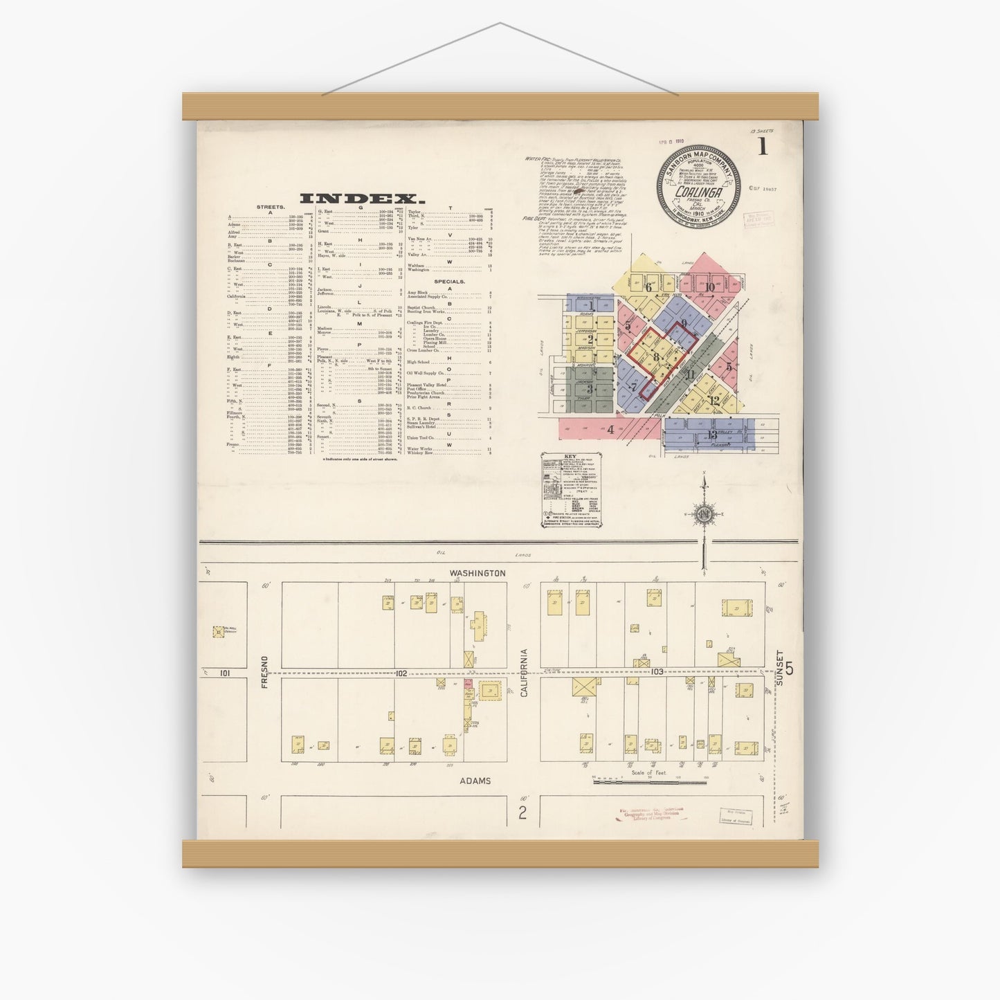 Old map wall art mockup — magnetic wood frame on white wall — Sanborn Fire Insurance Map from Coalinga, Fresno County, California (1910), Sheet #0001