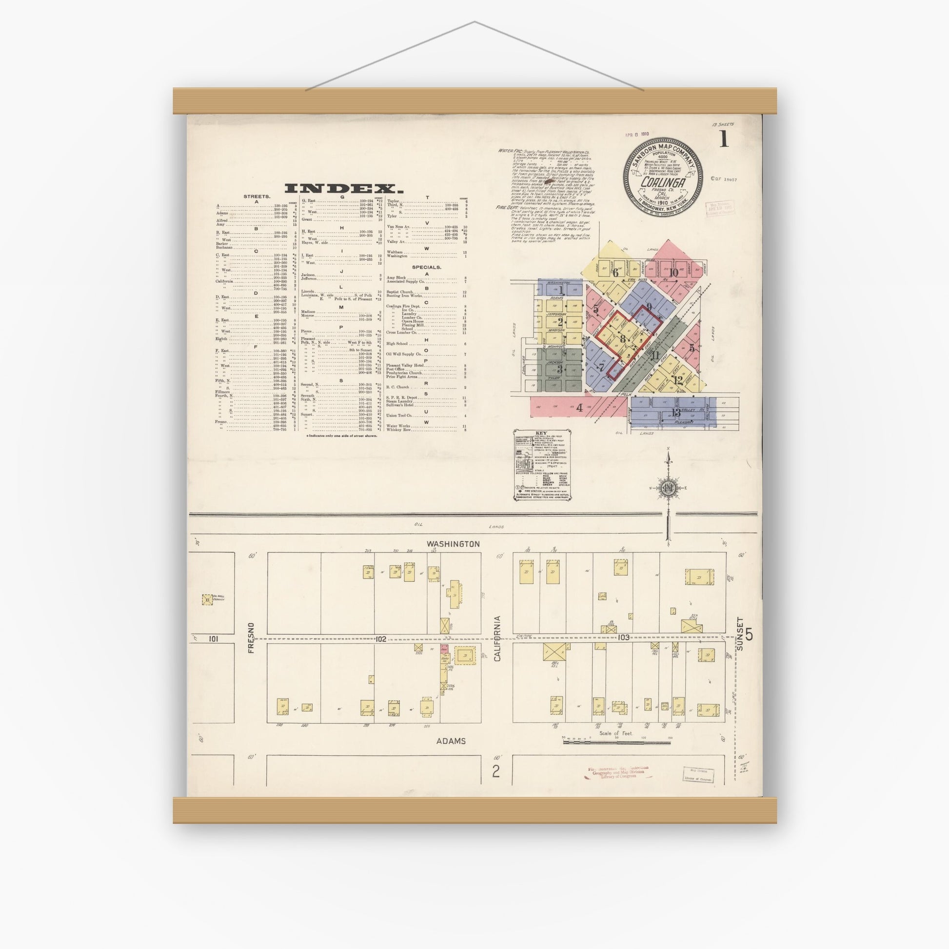 Old map wall art mockup — magnetic wood frame on white wall — Sanborn Fire Insurance Map from Coalinga, Fresno County, California (1910), Sheet #0001