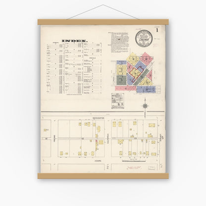 Old map wall art mockup — magnetic wood frame on white wall — Sanborn Fire Insurance Map from Coalinga, Fresno County, California (1910), Sheet #0001