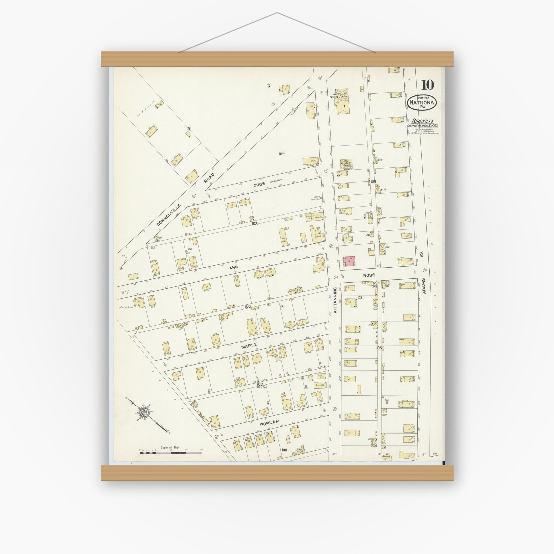 Old map wall art mockup — magnetic wood frame on white wall — Sanborn Fire Insurance Map from Natrona, Allegheny County, Pennsylvania (1912), Sheet #0010
