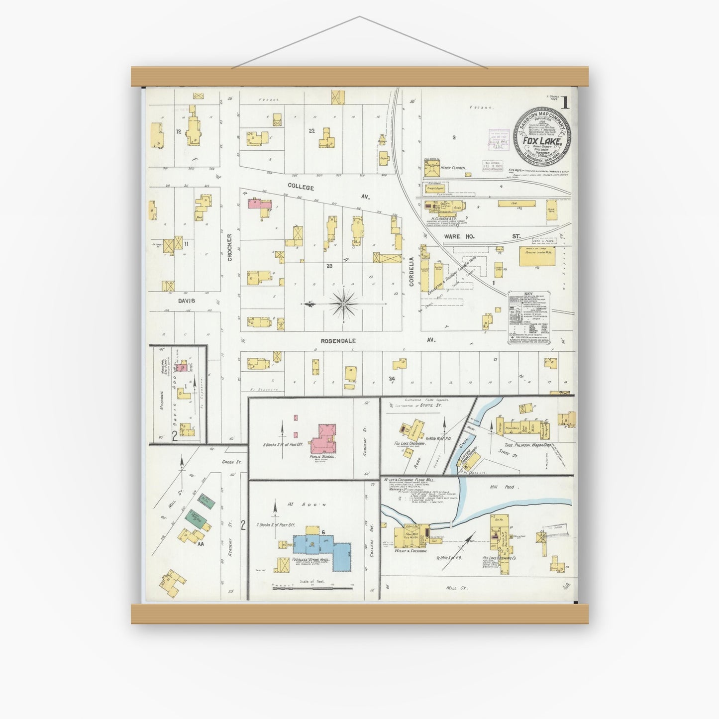Old map wall art mockup — magnetic wood frame on white wall — Sanborn Fire Insurance Map from Fox Lake, Dodge County, Wisconsin (1904) - Complete Map Set