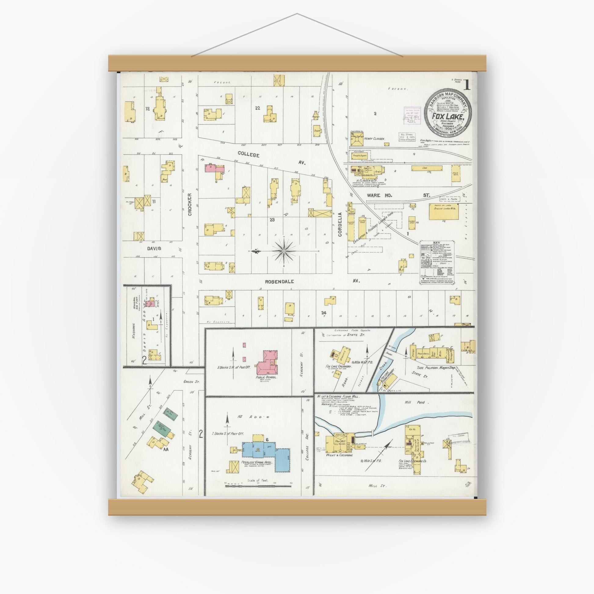 Old map wall art mockup — magnetic wood frame on white wall — Sanborn Fire Insurance Map from Fox Lake, Dodge County, Wisconsin (1904) - Complete Map Set