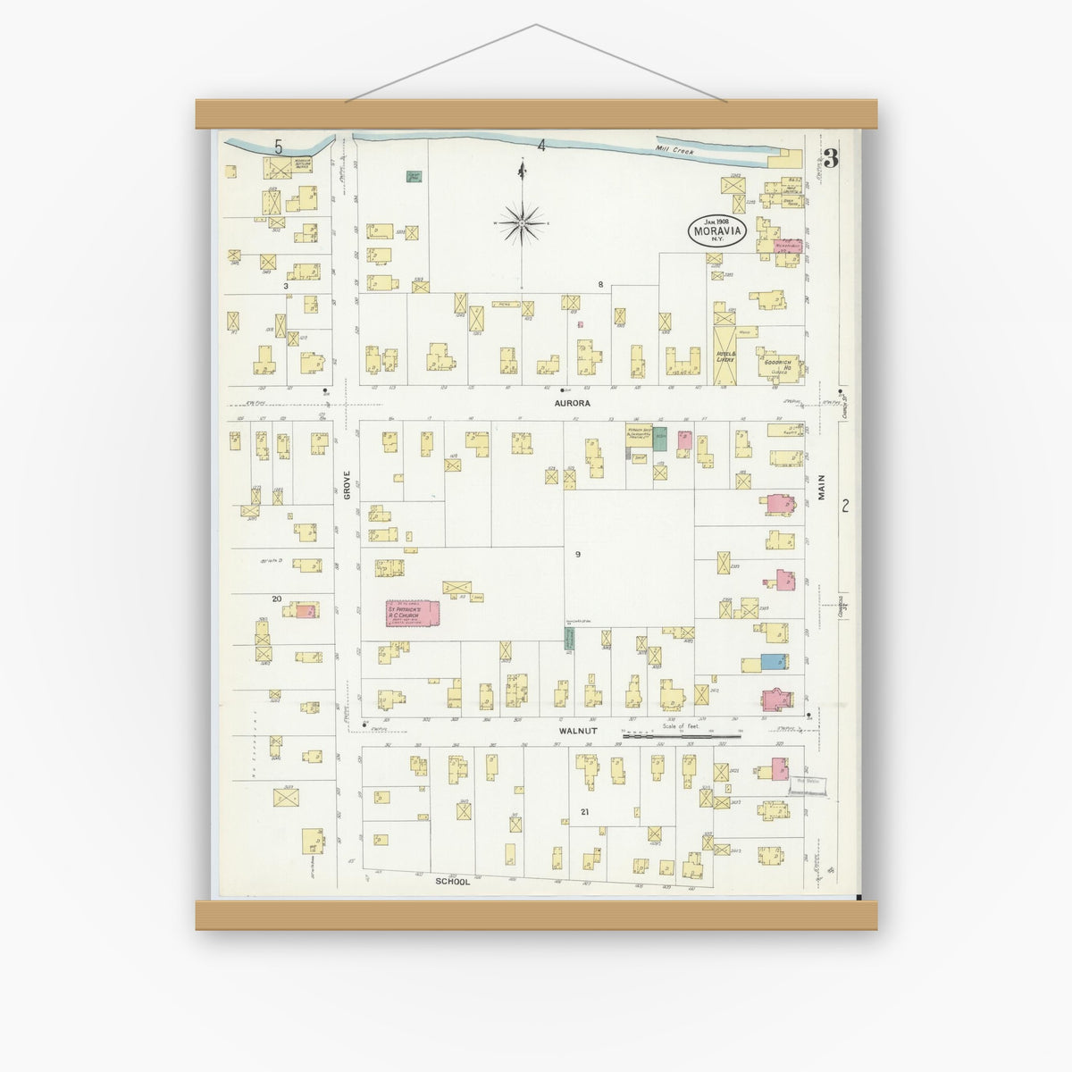 Old map wall art mockup — magnetic wood frame on white wall — Sanborn Fire Insurance Map from Moravia, Cayuga County, New York (1908), Sheet #0003