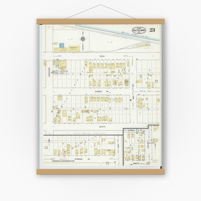 Old map wall art mockup — magnetic wood frame on white wall — Sanborn Fire Insurance Map from Sault Sainte Marie, Chippewa County, Michigan (1915), Sheet #0023