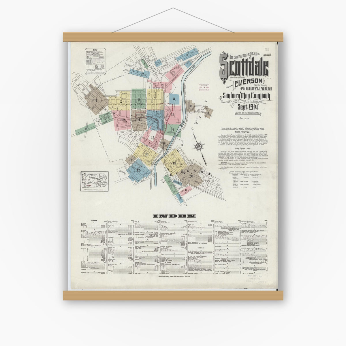 Old map wall art mockup — magnetic wood frame on white wall — Sanborn Fire Insurance Map from Scottdale, Westmoreland County, Pennsylvania (1914) - Complete Map Set