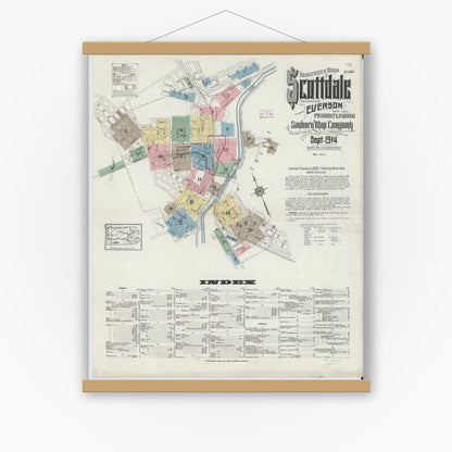 Old map wall art mockup — magnetic wood frame on white wall — Sanborn Fire Insurance Map from Scottdale, Westmoreland County, Pennsylvania (1914) - Complete Map Set