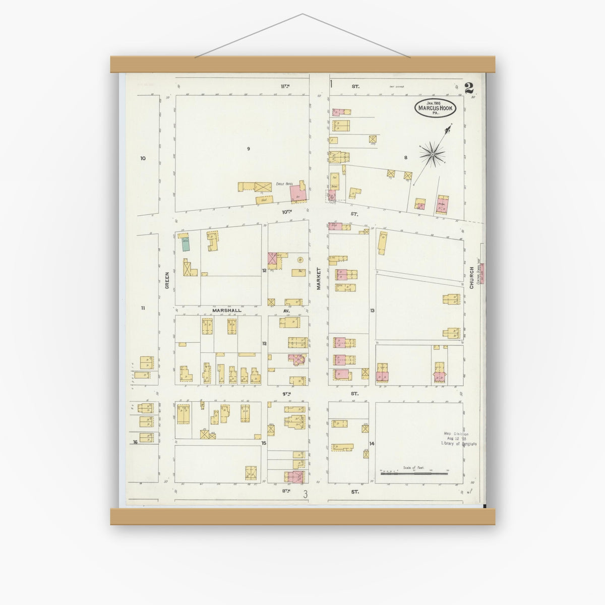 Old map wall art mockup — magnetic wood frame on white wall — Sanborn Fire Insurance Map from Marcus Hook, Chester County, Pennsylvania (1905), Sheet #0002