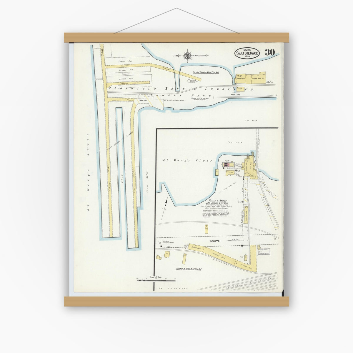 Old map wall art mockup — magnetic wood frame on white wall — Sanborn Fire Insurance Map from Sault Sainte Marie, Chippewa County, Michigan (1915), Sheet #0030