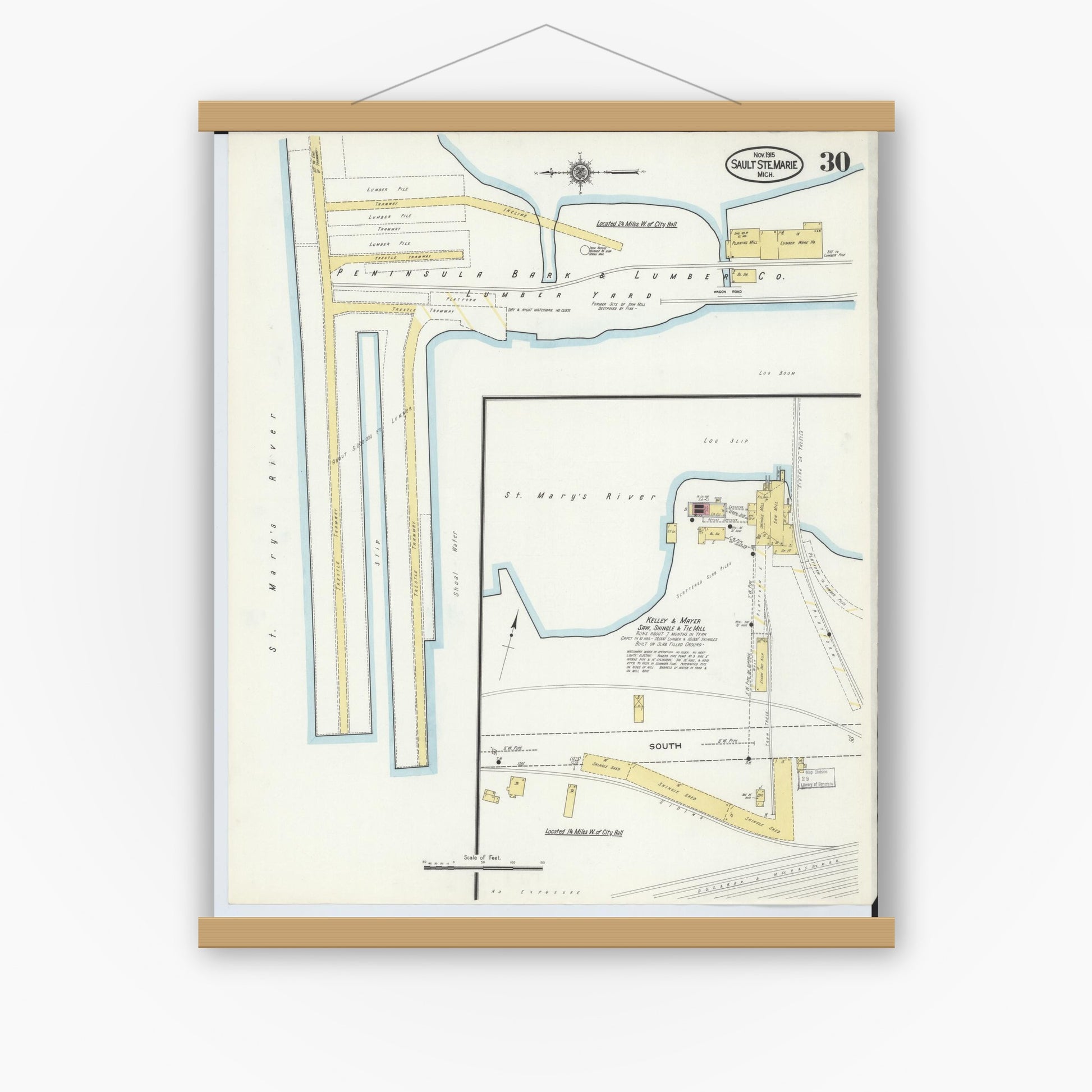 Old map wall art mockup — magnetic wood frame on white wall — Sanborn Fire Insurance Map from Sault Sainte Marie, Chippewa County, Michigan (1915), Sheet #0030