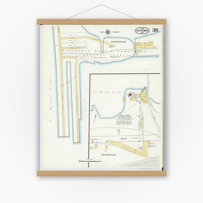 Old map wall art mockup — magnetic wood frame on white wall — Sanborn Fire Insurance Map from Sault Sainte Marie, Chippewa County, Michigan (1915), Sheet #0030