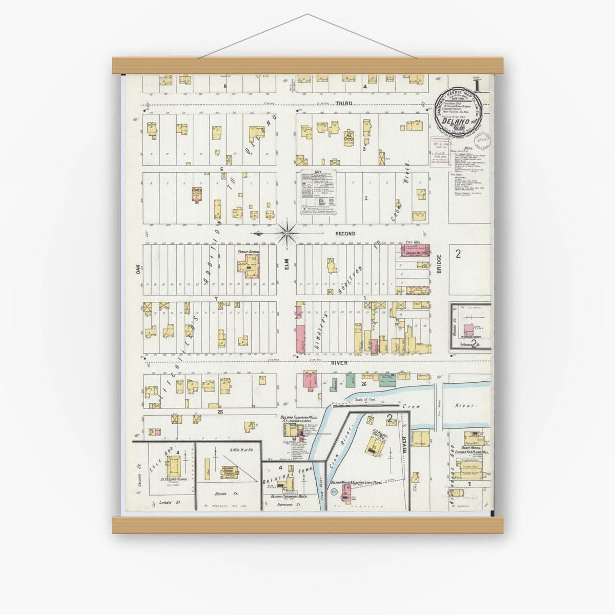 Old map wall art mockup — magnetic wood frame on white wall — Sanborn Fire Insurance Map from Delano, Wright County, Minnesota (1899), Sheet #0001