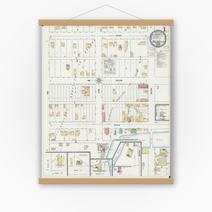 Old map wall art mockup — magnetic wood frame on white wall — Sanborn Fire Insurance Map from Delano, Wright County, Minnesota (1899), Sheet #0001